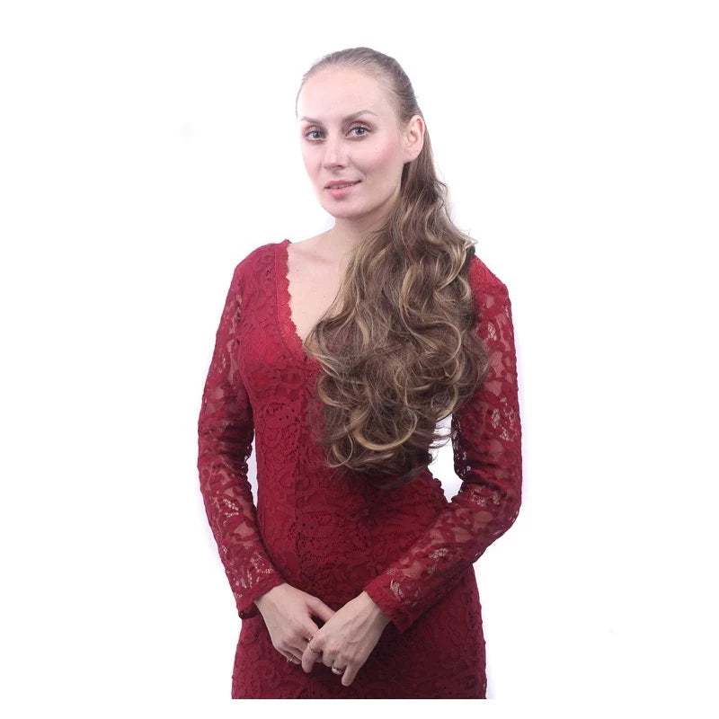 Organic Synthetic Ponytail Hair Straight Wavy Shiny Thread with Piranha