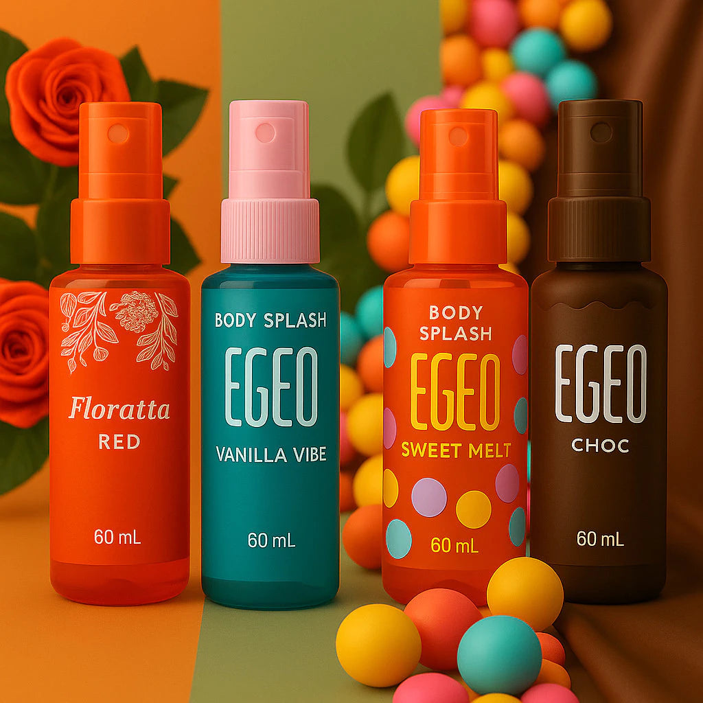 Kit 4 Body Splash Egeo – Vanilla Vibe, Melancia & Floratta Red (60ml cada)