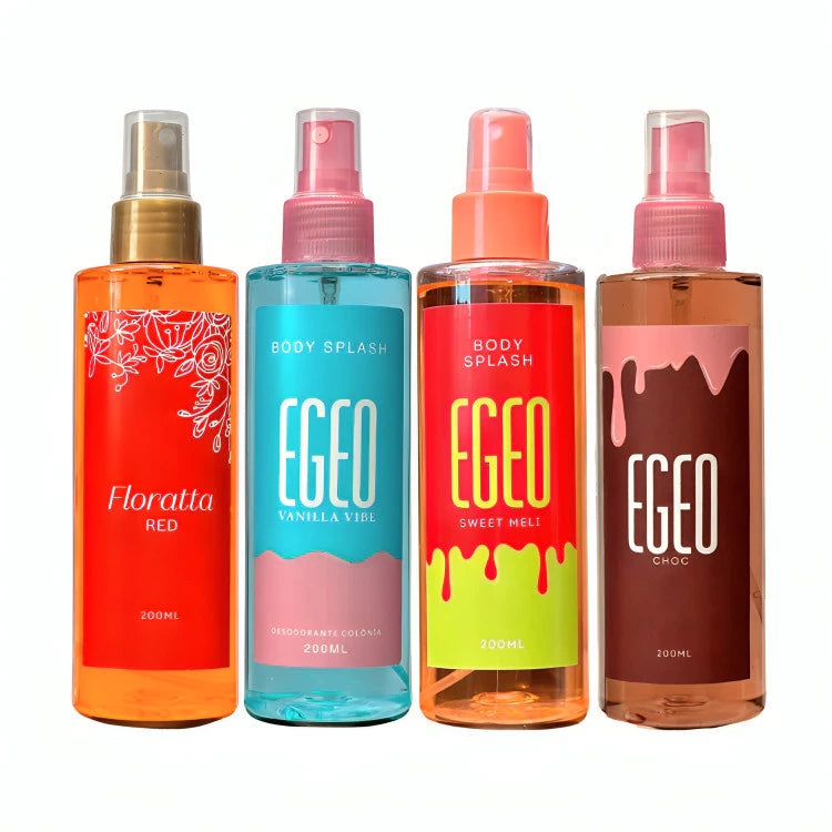 Kit 4 Body Splash Egeo – Vanilla Vibe, Melancia & Floratta Red (60ml cada)