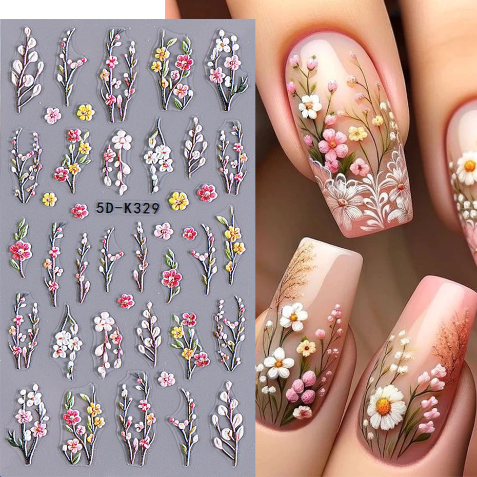 5D Floral Nail Sticker Decals Purple Petal Daisy Art Decoration Acrylic Sticker Gel Sliders Manicure Accessories