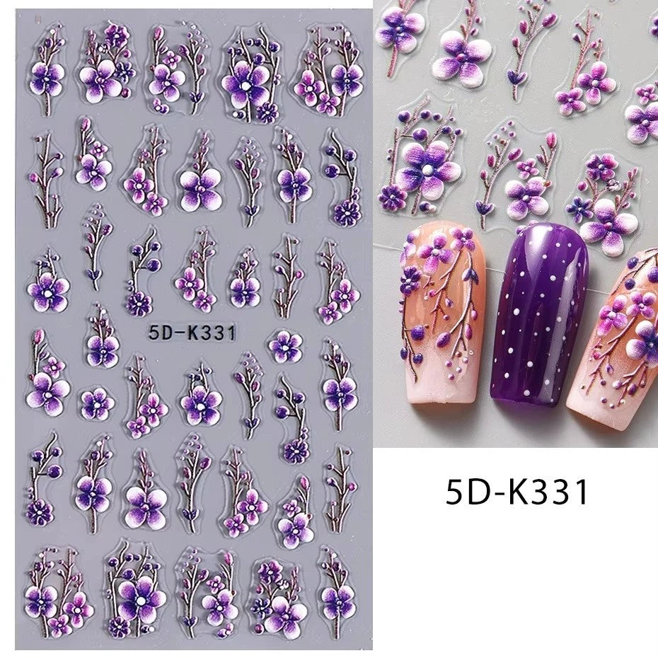 5D Floral Nail Sticker Decals Purple Petal Daisy Art Decoration Acrylic Sticker Gel Sliders Manicure Accessories