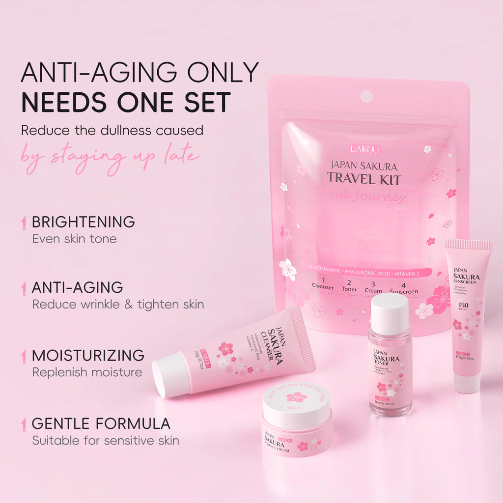 LAIKOU Japan Sakura Travel Skincare Set — Skin Tone, Moisturizing & Repair (4 Units)