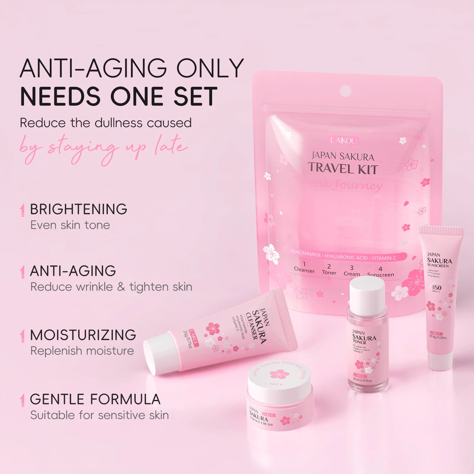 LAIKOU Japan Sakura Travel Skincare Set — Skin Tone, Moisturizing & Repair (4 Units)