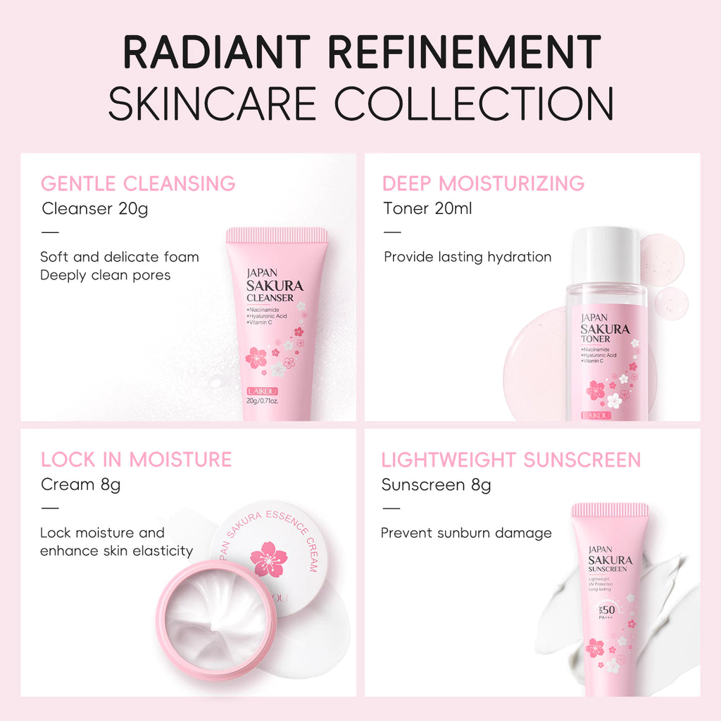 LAIKOU Japan Sakura Travel Skincare Set — Skin Tone, Moisturizing & Repair (4 Units)