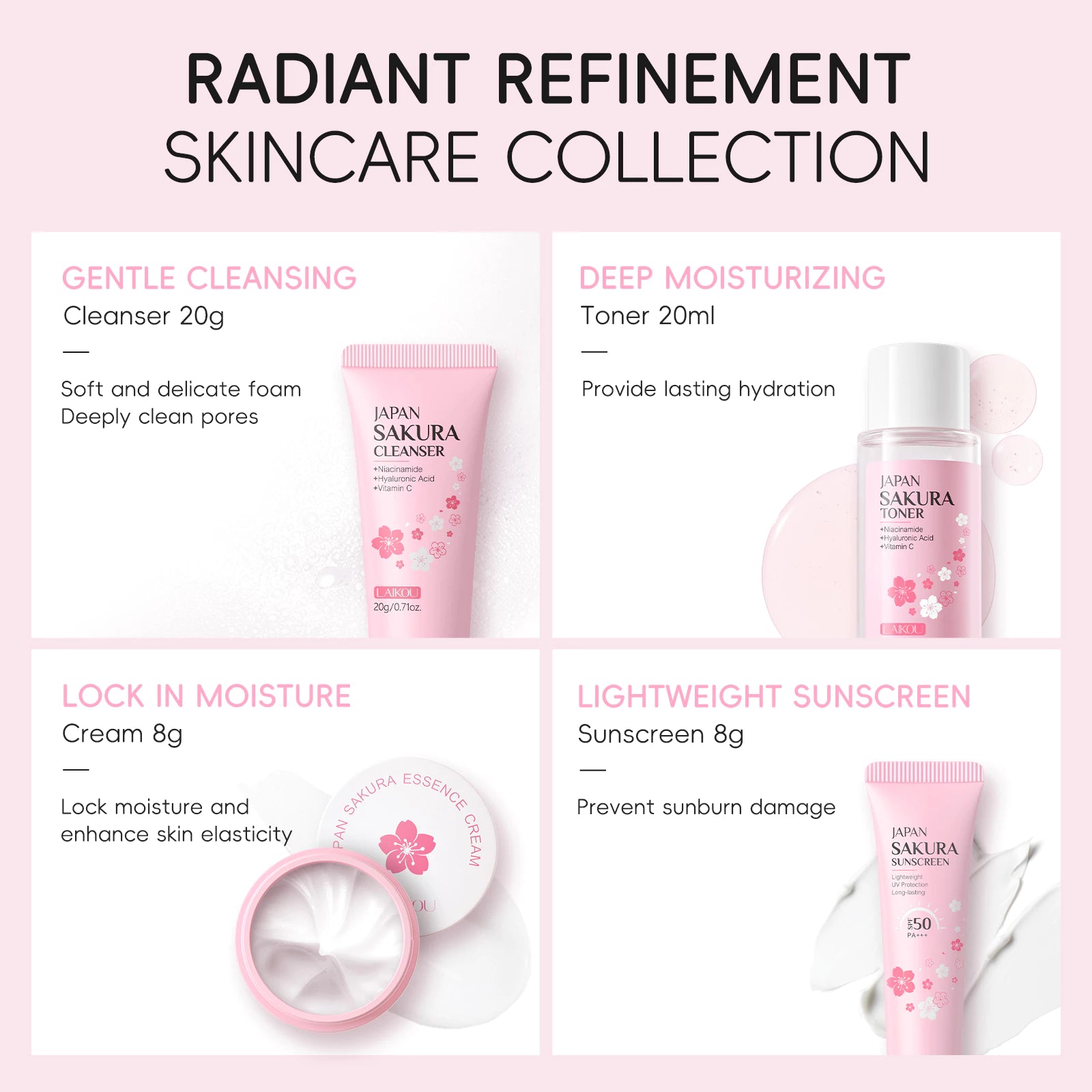 LAIKOU Japan Sakura Travel Skincare Set — Skin Tone, Moisturizing & Repair (4 Units)