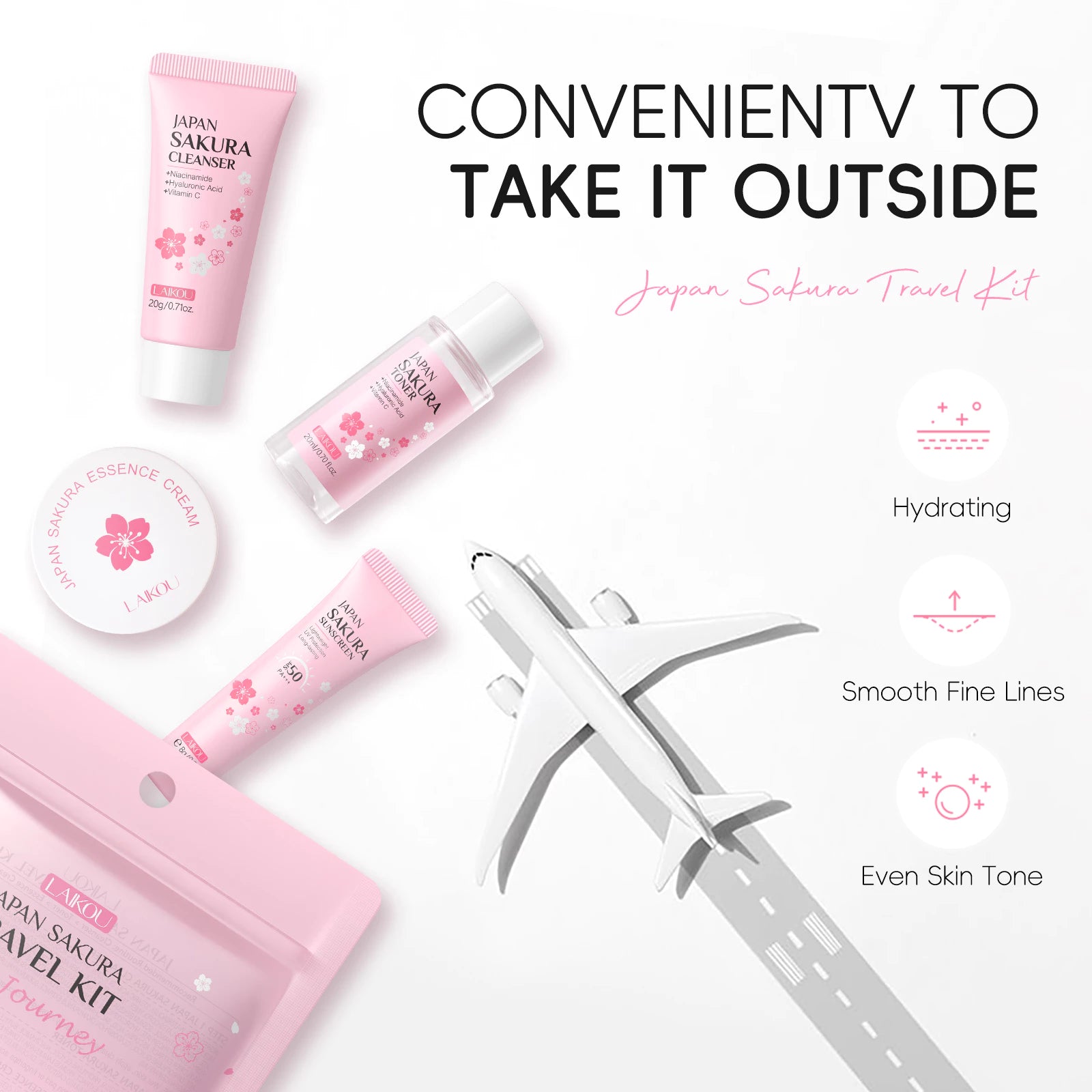 LAIKOU Japan Sakura Travel Skincare Set — Skin Tone, Moisturizing & Repair (4 Units)