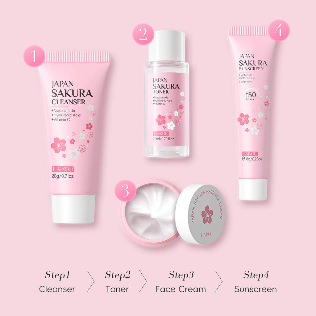 LAIKOU Japan Sakura Travel Skincare Set — Skin Tone, Moisturizing & Repair (4 Units)