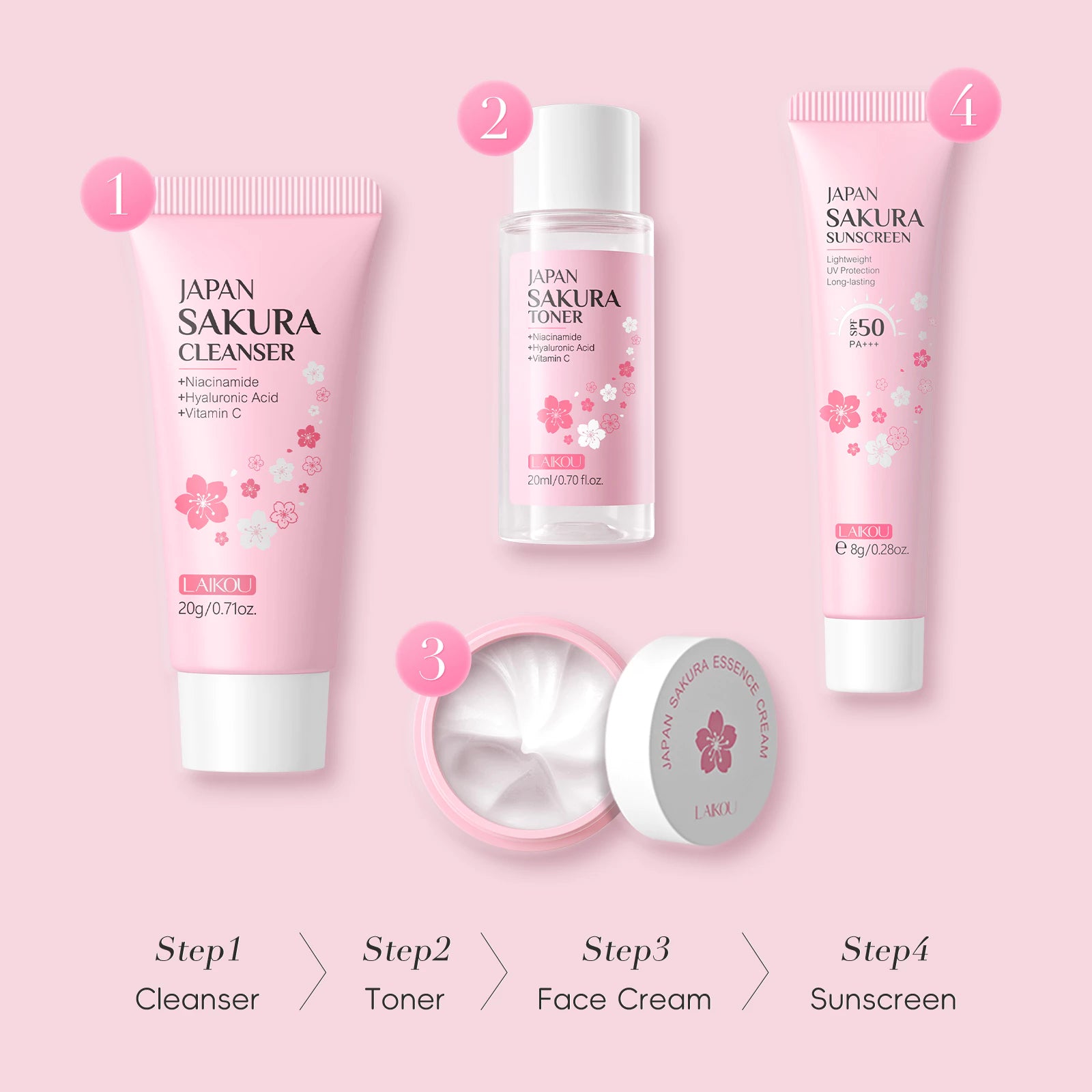LAIKOU Japan Sakura Travel Skincare Set — Skin Tone, Moisturizing & Repair (4 Units)