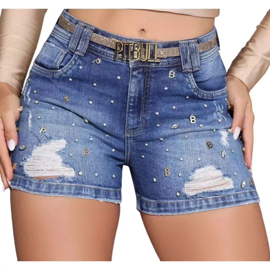 Bermuda Feminina Jeans Pit Bull Jeans Cintura Alta Modela Bumbum Meia Coxa