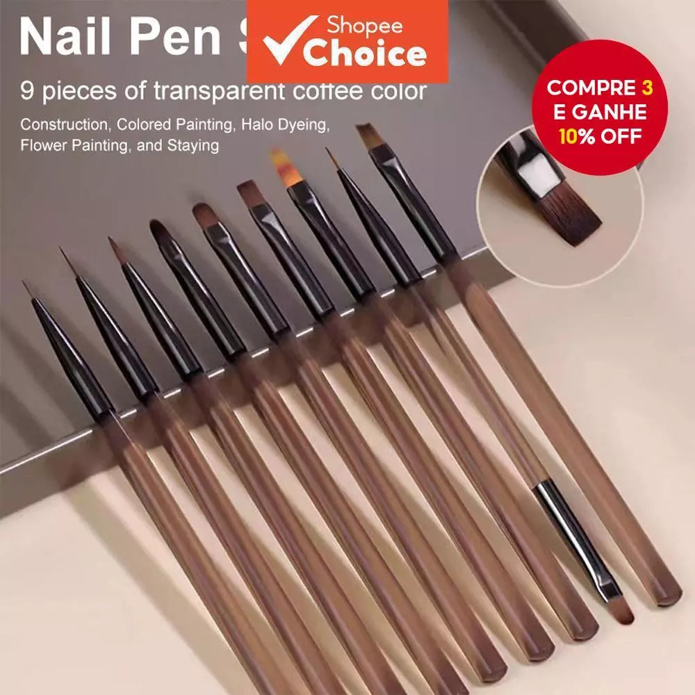 Brown Nail Brush Set - 9 Pieces, Double Heads for Drawing and Gradient Painting