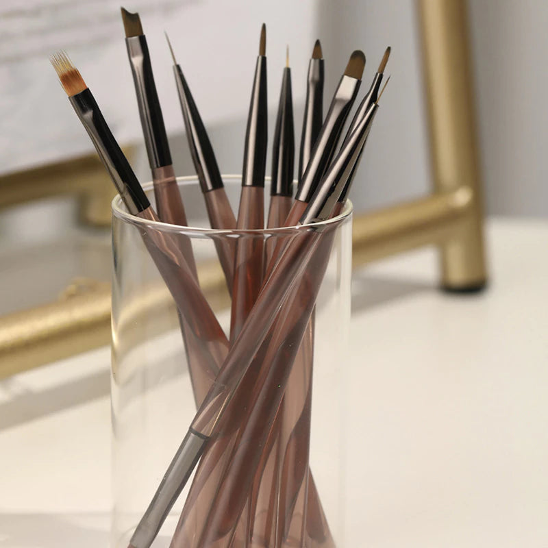 Brown Nail Brush Set - 9 Pieces, Double Heads for Drawing and Gradient Painting