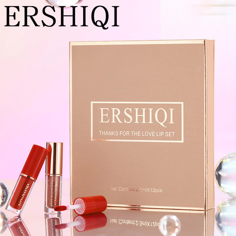 ErshiQi Kit de 12 Brilhos Labiais de Longa Duração – Batom Fosco à Prova D'Água e Esmalte