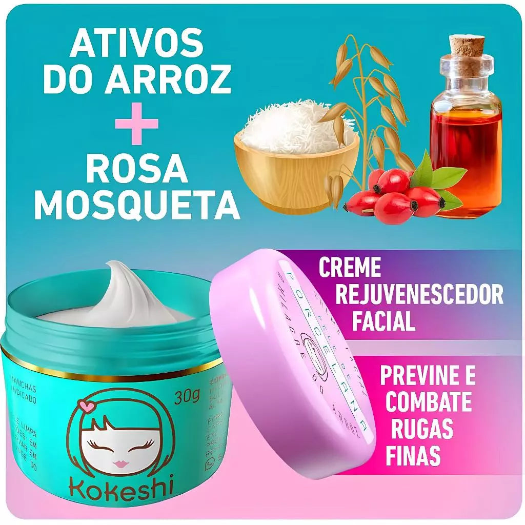Kokeshi Hidratante Facial Pele de Porcelana – Creme Facial Rosa Mosqueta