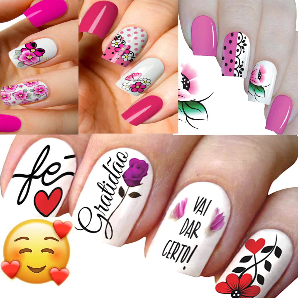 Kit 384 Luxury nail films with exclusive formulating gel containing models with phrases, florals, Unicorns, Faith, Rosary, owls, butterflies, religious, motivational - 32 sheets of nail stickers for decoration.