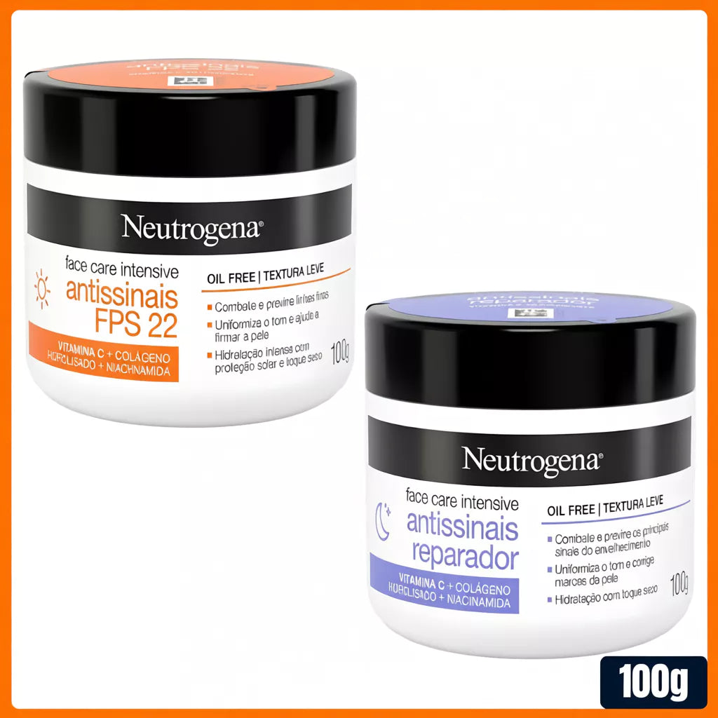 Kit Creme Facial Antissinais Neutrogena Face Care Intensive Dia FPS22 Niacinamida 100g + Neutrogena Noite Reparador 100g