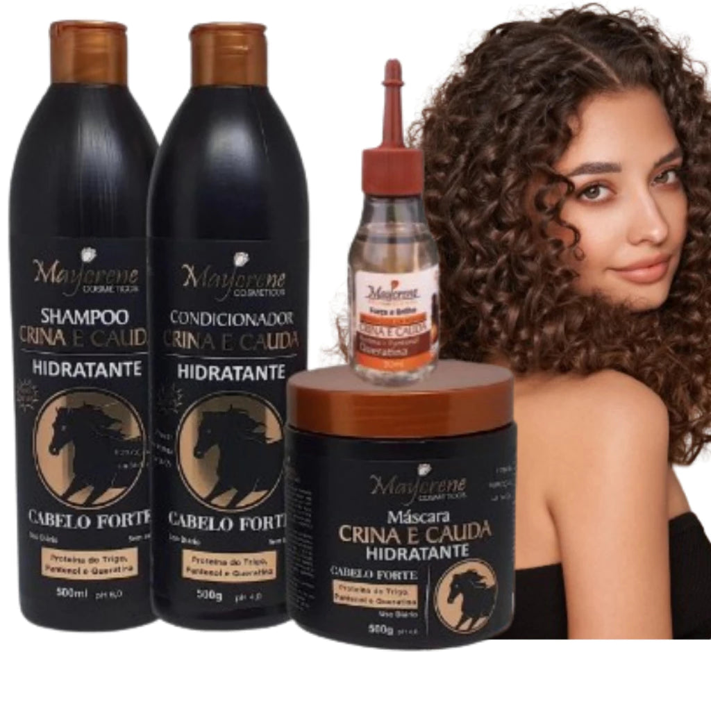 Kit Crina e Cauda Maycrene - Shampoo + Condicionador + Máscara + Reparador 30ml