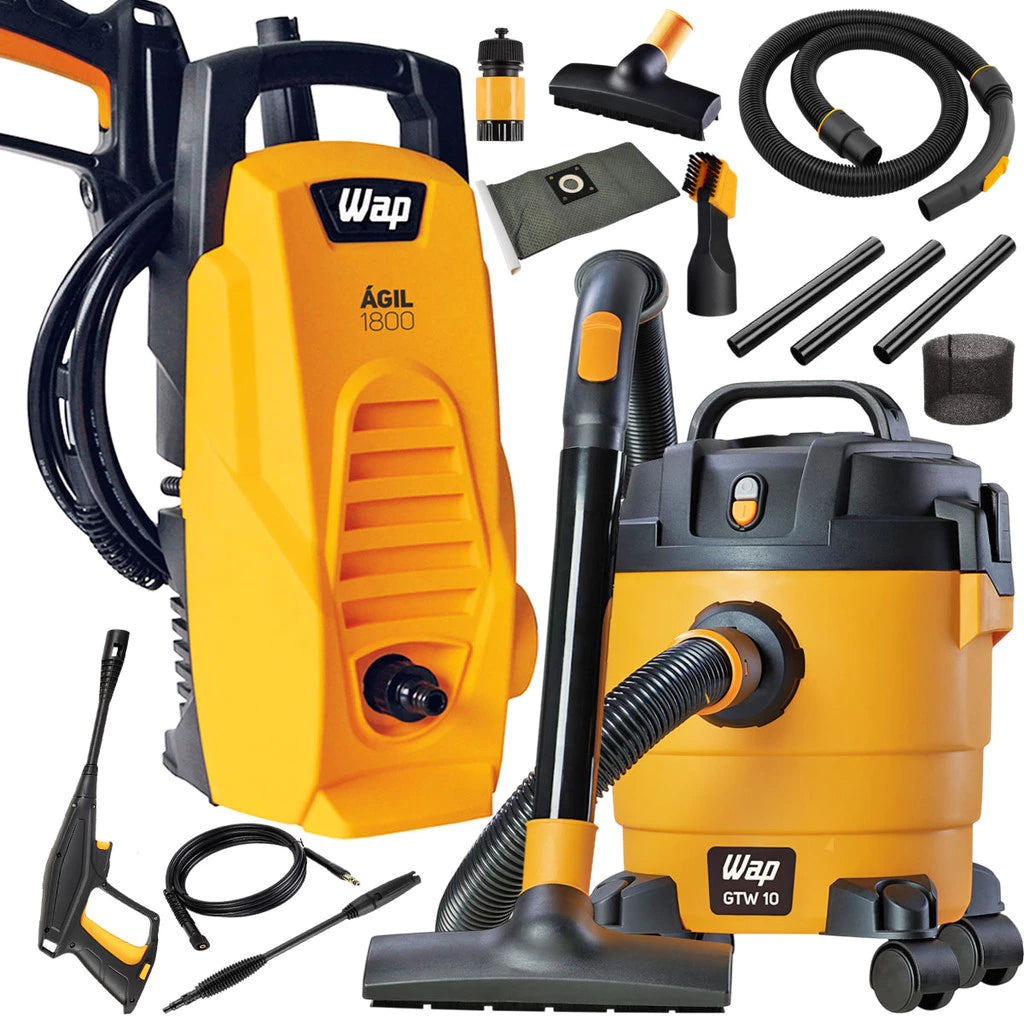 Kit Limpeza Lavadora de Alta Pressão Ágil 1400W Potente com Aspirador de Pó e Água Barril WAP