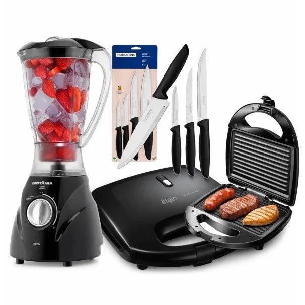 Kit Liquidificador Britânia Turbo 600W + Sanduicheira Grill 750W Preto com Facas