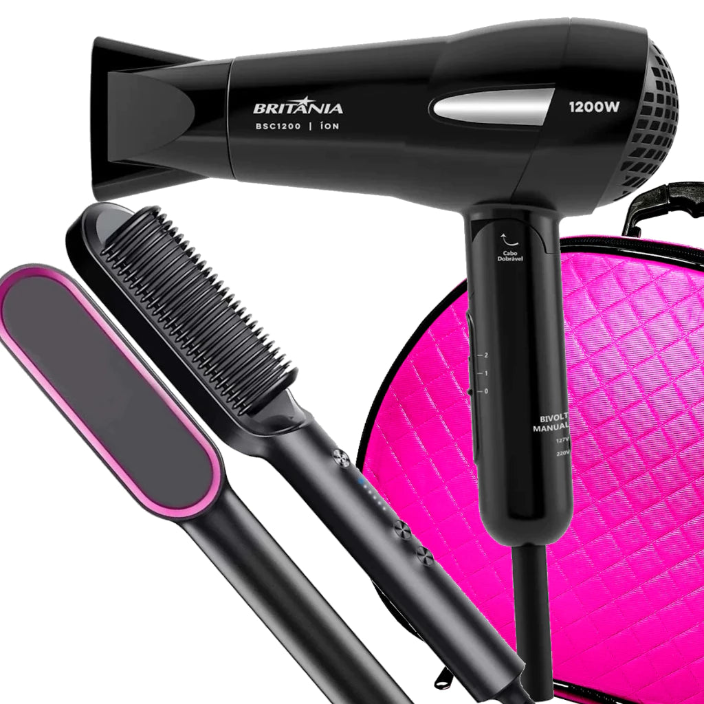 Kit Mini Secador Britânia Ion 1200W Dobrável + Escova Alisadora Secadora 2 em 1 Bivolt com Maleta