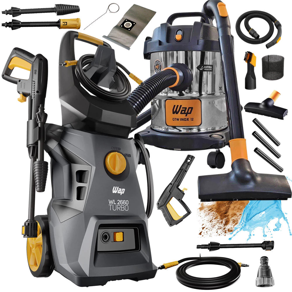 Kit WAP Lavadora Alta Pressão Potente 1800W com Rodas e Aspirador de Pó e Água Inox 12 Litros