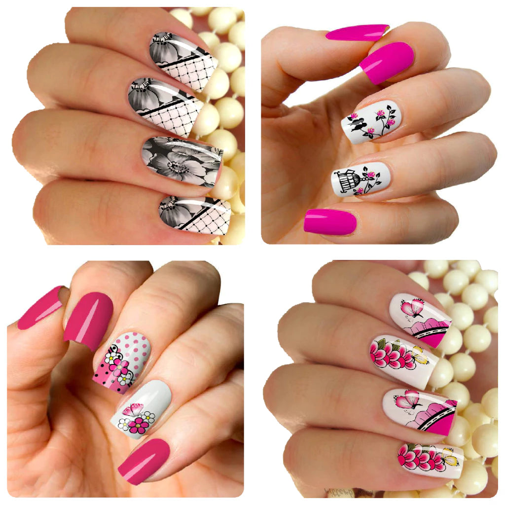 Kit 384 Luxury nail films with exclusive formulating gel containing models with phrases, florals, Unicorns, Faith, Rosary, owls, butterflies, religious, motivational - 32 sheets of nail stickers for decoration.
