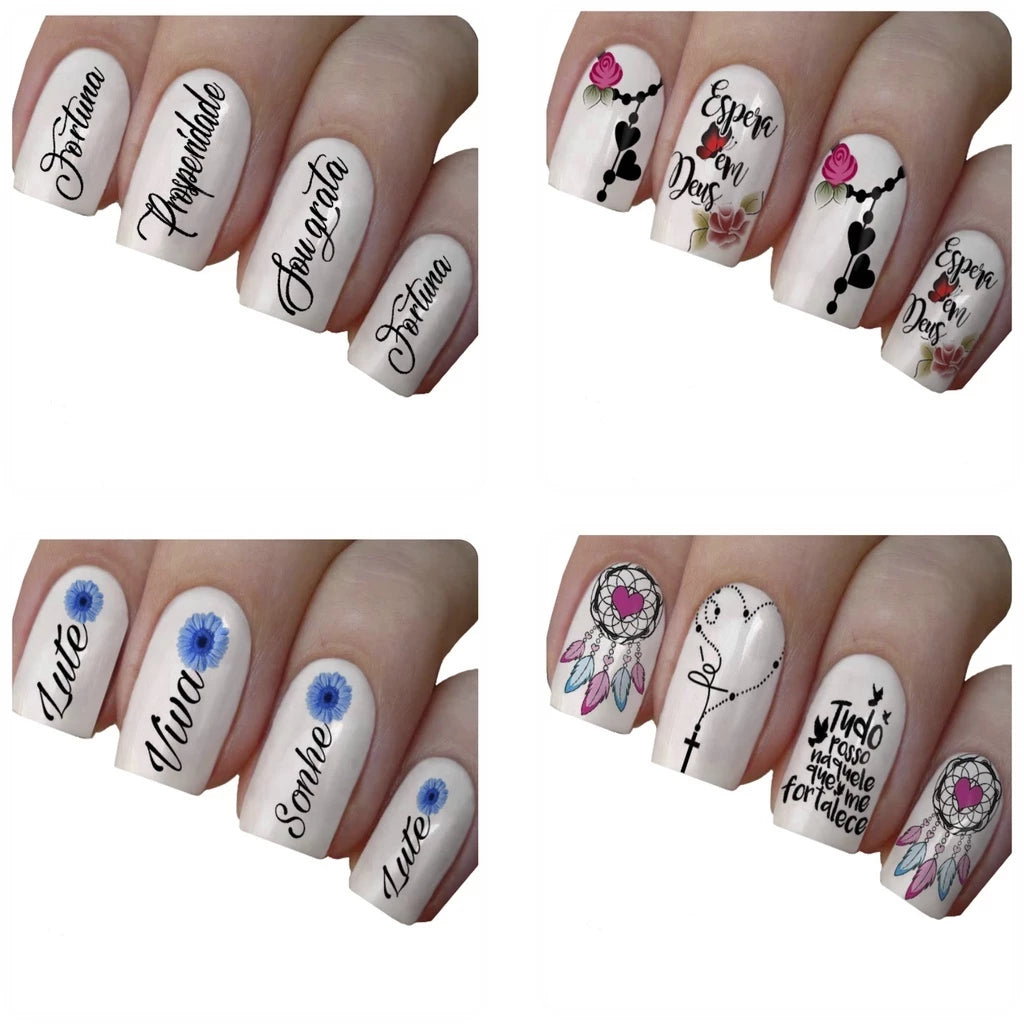 Kit 384 Luxury nail films with exclusive formulating gel containing models with phrases, florals, Unicorns, Faith, Rosary, owls, butterflies, religious, motivational - 32 sheets of nail stickers for decoration.