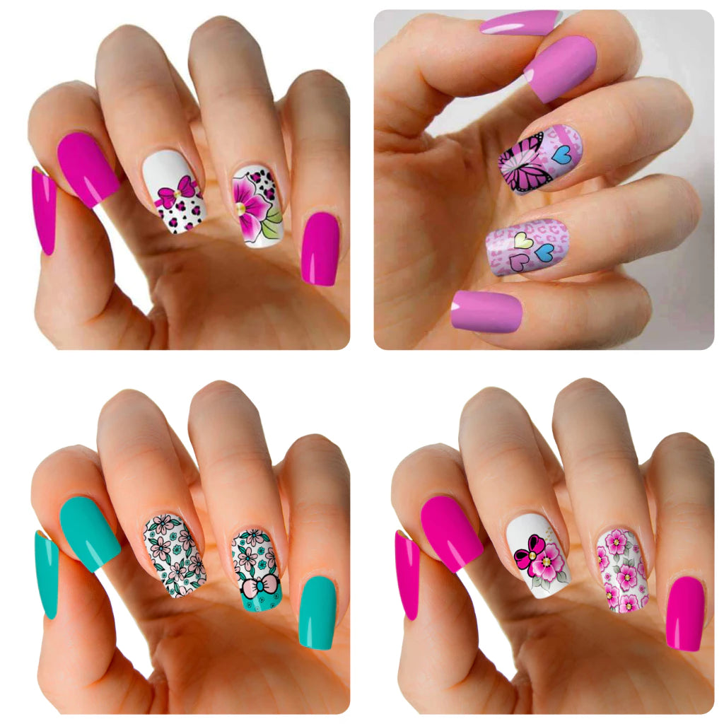 Kit 384 Luxury nail films with exclusive formulating gel containing models with phrases, florals, Unicorns, Faith, Rosary, owls, butterflies, religious, motivational - 32 sheets of nail stickers for decoration.