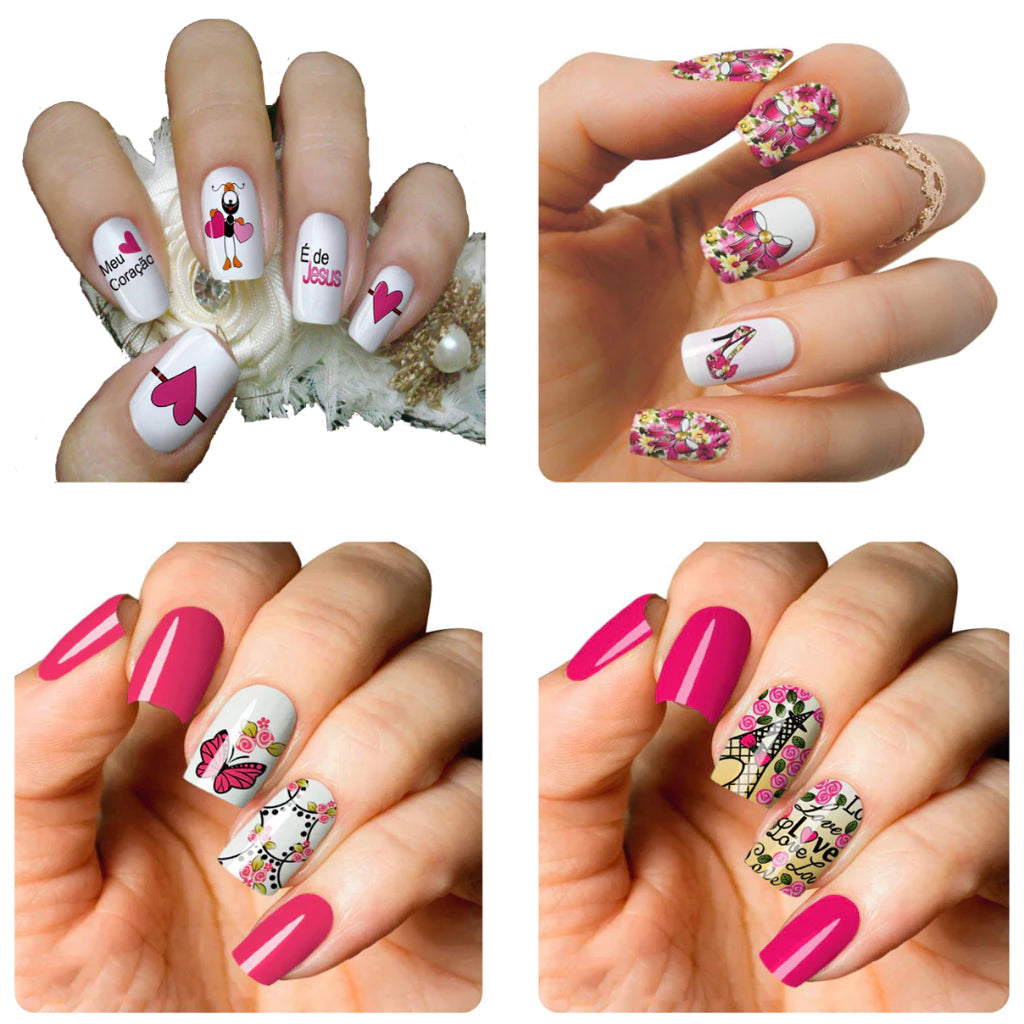 Kit 384 Luxury nail films with exclusive formulating gel containing models with phrases, florals, Unicorns, Faith, Rosary, owls, butterflies, religious, motivational - 32 sheets of nail stickers for decoration.