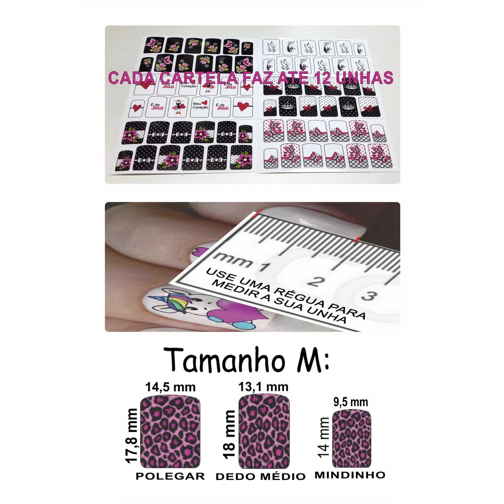 Kit 384 Luxury nail films with exclusive formulating gel containing models with phrases, florals, Unicorns, Faith, Rosary, owls, butterflies, religious, motivational - 32 sheets of nail stickers for decoration.
