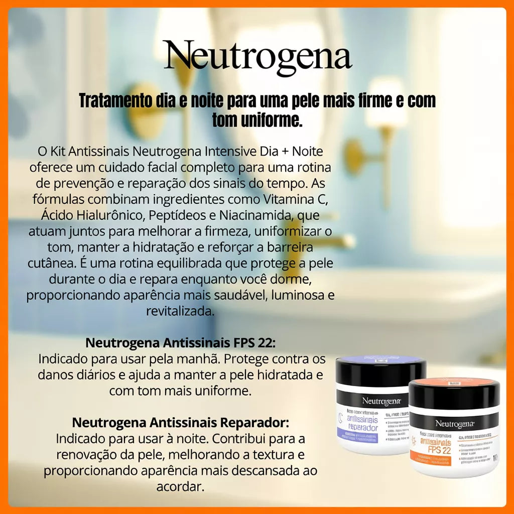 Kit Creme Facial Antissinais Neutrogena Face Care Intensive Dia FPS22 Niacinamida 100g + Neutrogena Noite Reparador 100g