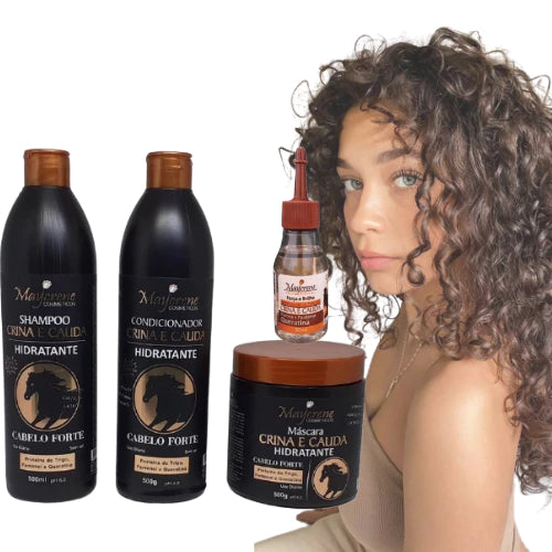 Kit Crina e Cauda Maycrene - Shampoo + Condicionador + Máscara + Reparador 30ml