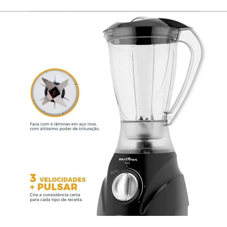 Kit Liquidificador Britânia Turbo 600W + Sanduicheira Grill 750W Preto com Facas