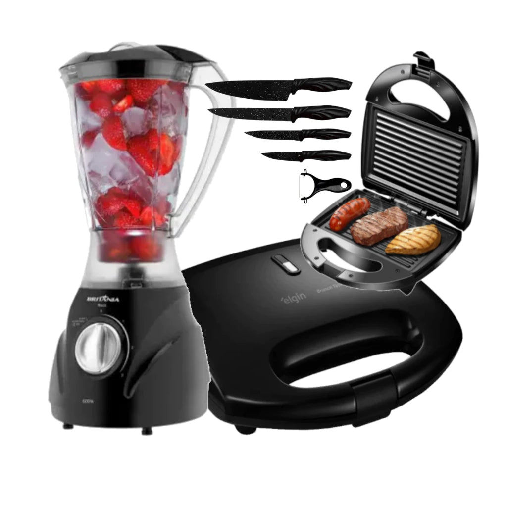 Kit Liquidificador Britânia Turbo 600W + Sanduicheira Grill 750W Preto com Facas