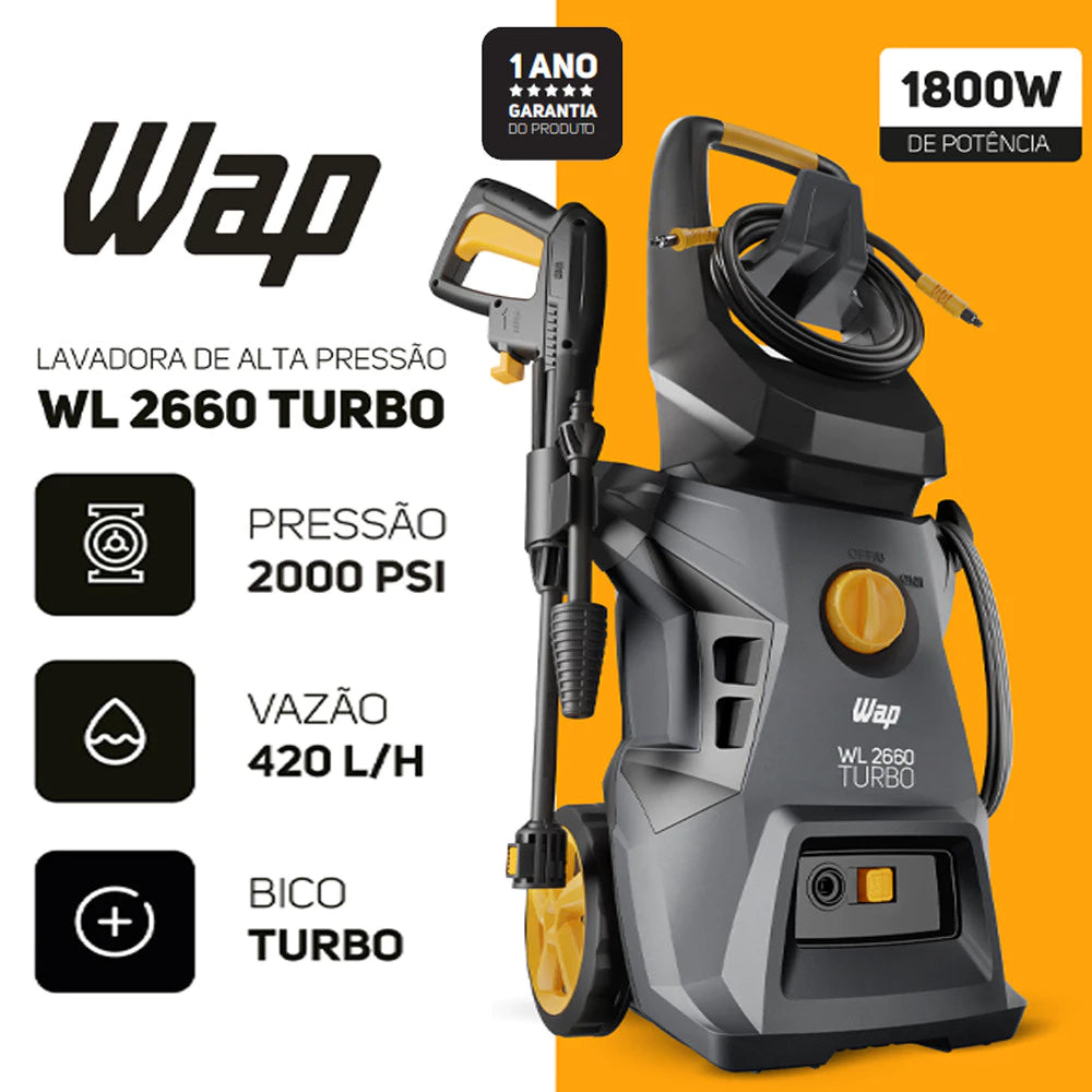 Kit WAP Lavadora Alta Pressão Potente 1800W com Rodas e Aspirador de Pó e Água Inox 12 Litros