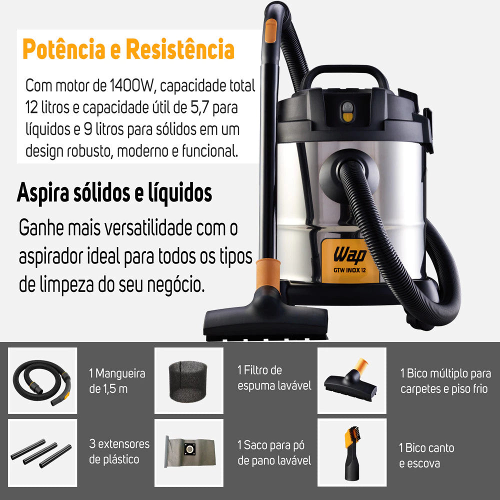 Kit WAP Lavadora Alta Pressão Potente 1800W com Rodas e Aspirador de Pó e Água Inox 12 Litros