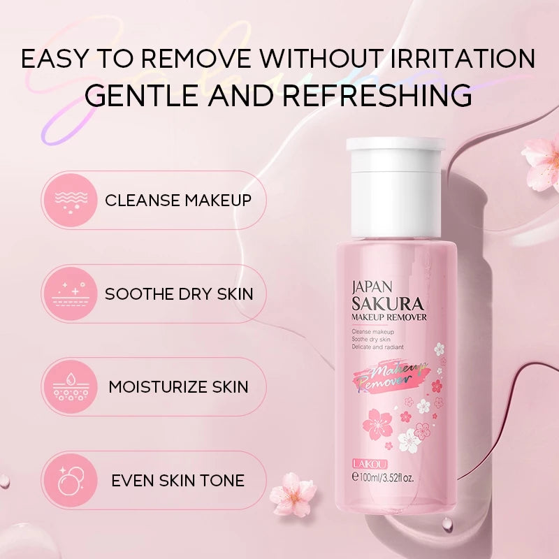 LAIKOU Japão Sakura Niacinamida VC Demaquilante 100ml – Limpeza dos Poros, Suavizante e Hidratante