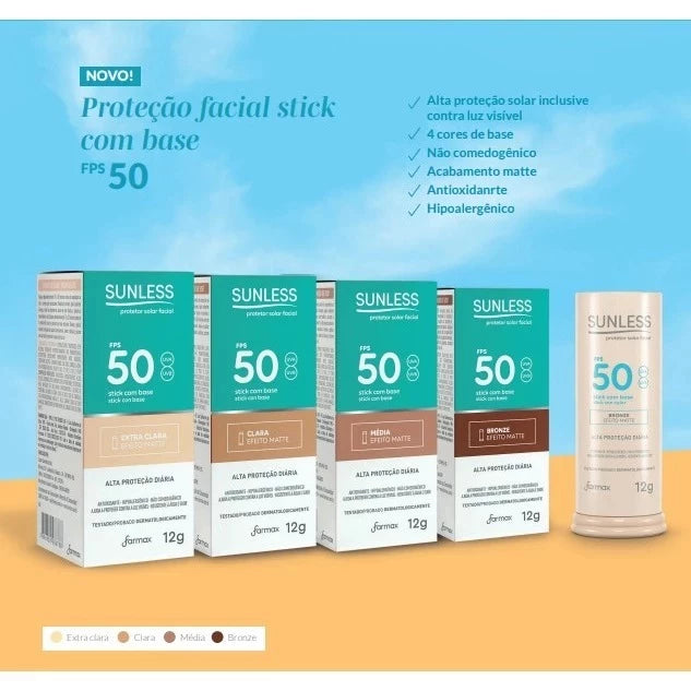 Protetor Solar Facial Stick (bastão) 12g FPS 50 Efeito Matte Sunless