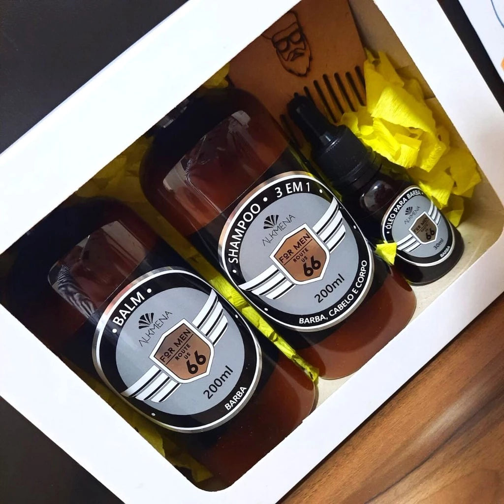 Alkmena Route US 66 Beard Kit – Balm, Oil, 3-in-1 Shampoo & Wooden Comb
