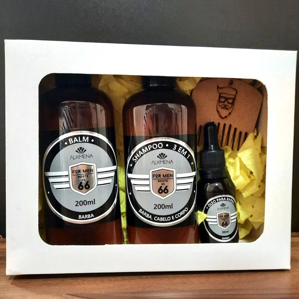 Alkmena Route US 66 Beard Kit – Balm, Oil, 3-in-1 Shampoo & Wooden Comb