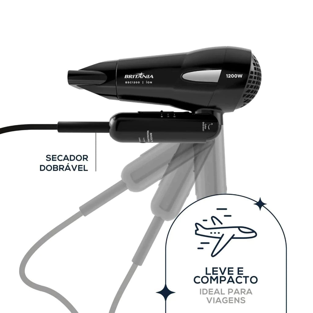 Britânia Ion 1200W Folding Travel Hair Dryer with Curl Diffuser