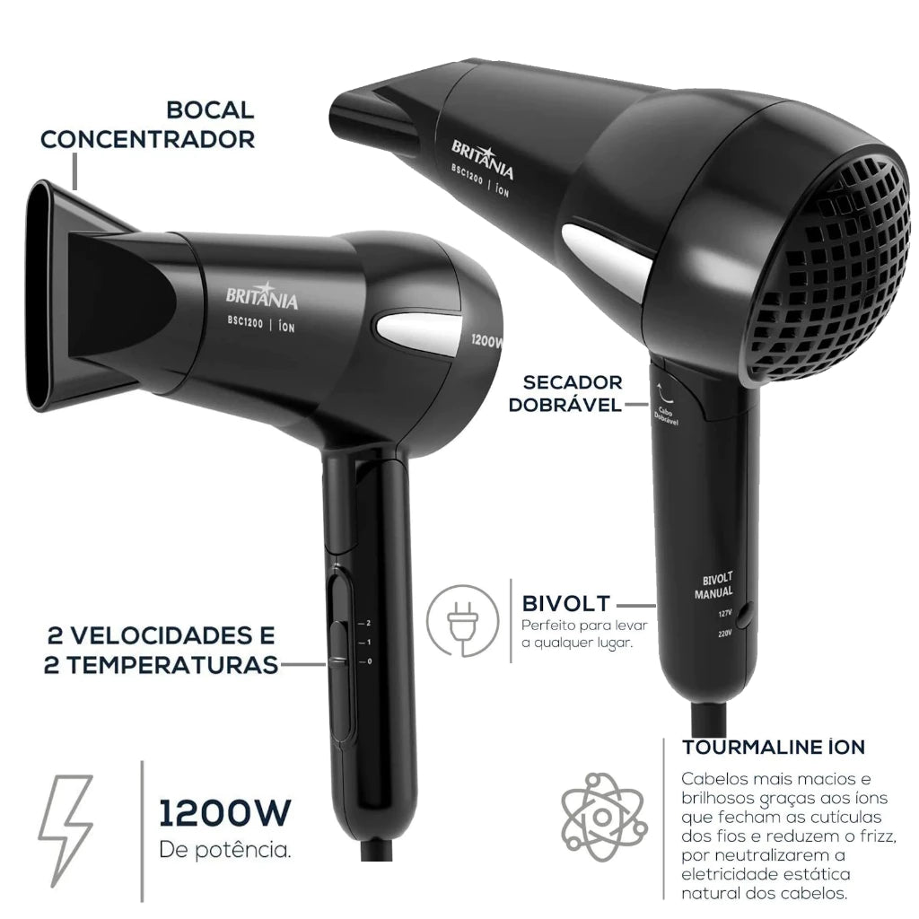 Britânia Ion 1200W Folding Travel Hair Dryer with Curl Diffuser