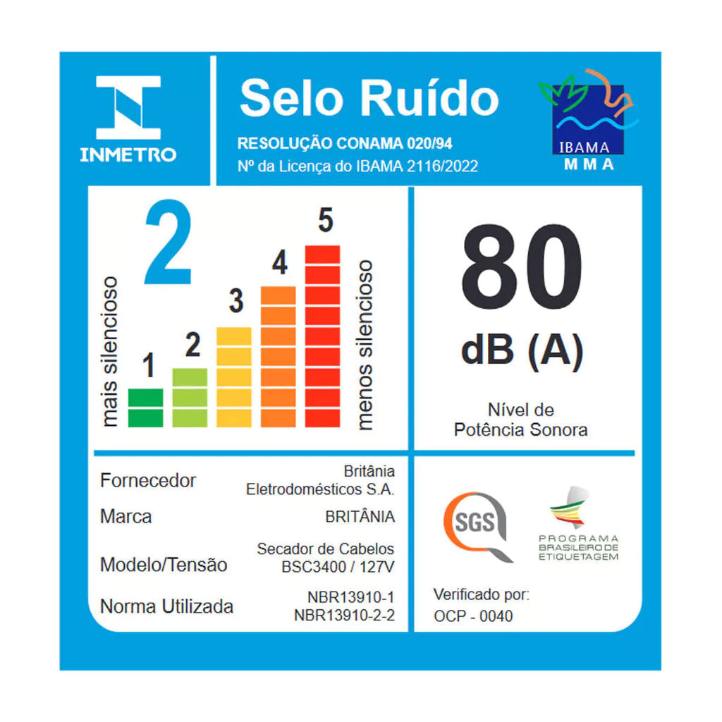 Secador de Cabelos Britânia Mais Silencioso 1600W BSC3400