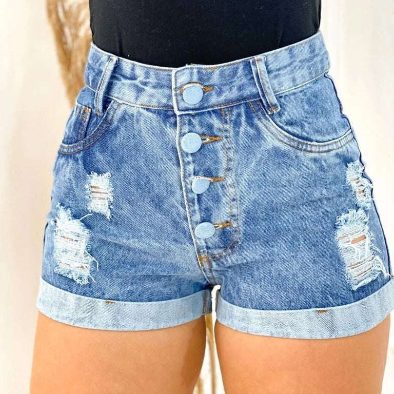Short Jeans Feminino Cintura Alta com Botões Frontais e Barra Dobrada