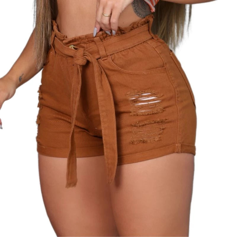 Short Jeans Feminino Colorido Preto e Branco com Cinto Cintura Alta Premium com Lycra