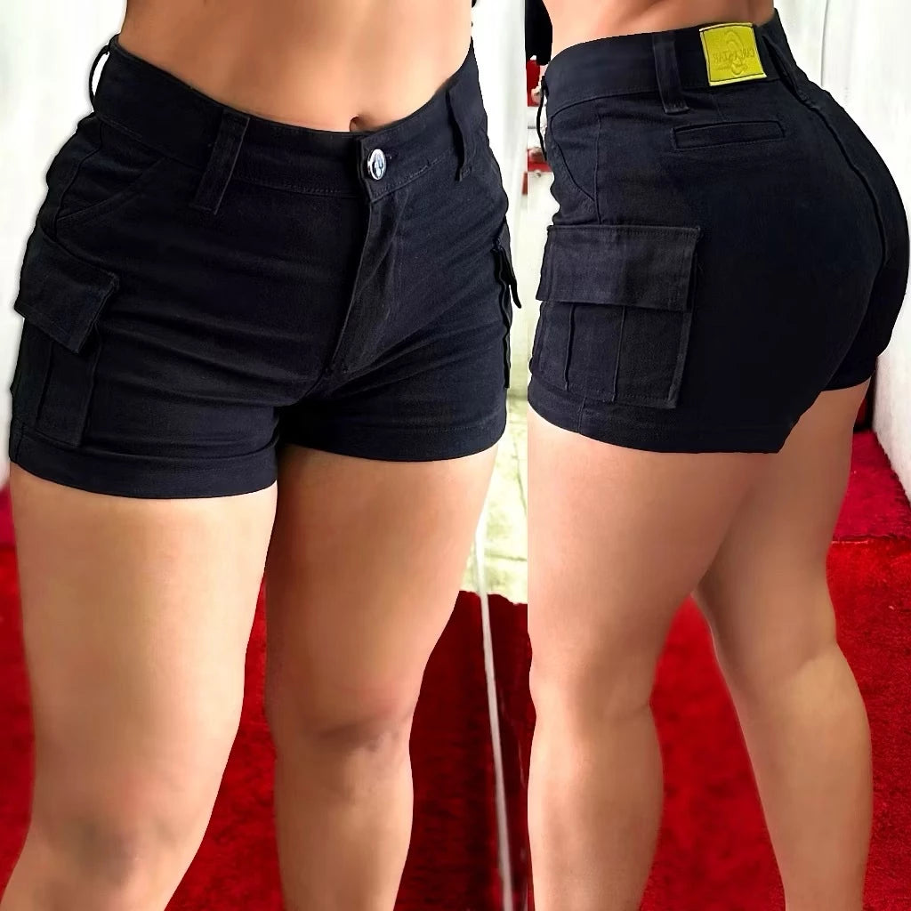 Short Cargo Jeans Sarja Feminino Modela Bumbum Cintura Alta com Bolsos Laterais