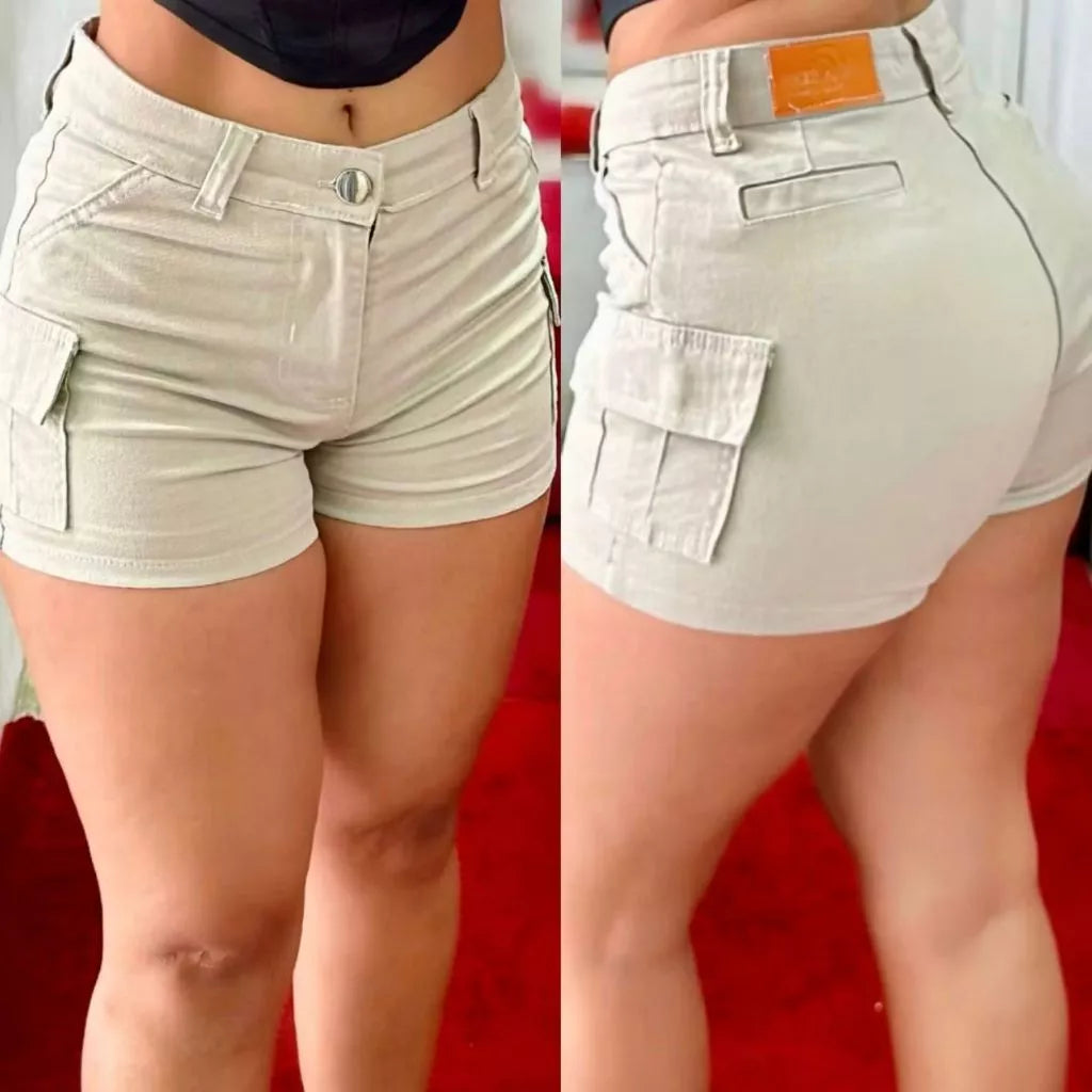 Short Cargo Jeans Sarja Feminino Modela Bumbum Cintura Alta com Bolsos Laterais