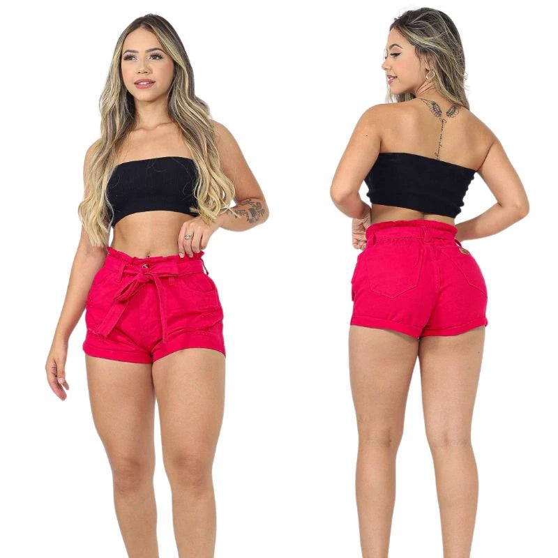 Short Jeans Feminino Colorido Preto e Branco com Cinto Cintura Alta Premium com Lycra