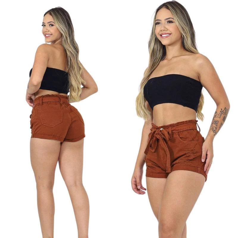Short Jeans Feminino Colorido Preto e Branco com Cinto Cintura Alta Premium com Lycra