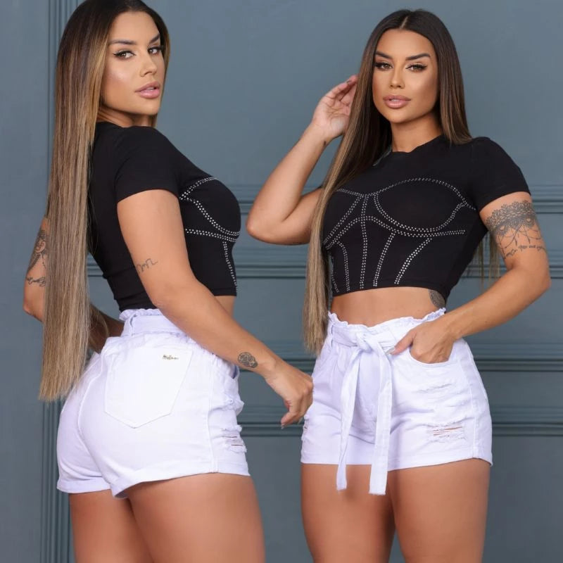 Short Jeans Feminino Colorido Preto e Branco com Cinto Cintura Alta Premium com Lycra
