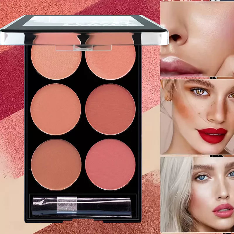 Paleta de Blush Fosco Seis Cores – Destaque Natural, Pó Facial À Prova D'Água para Uso Durante Todo o Dia